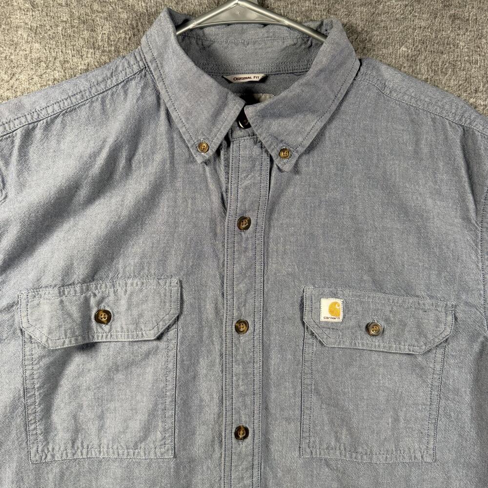 Carhartt Shirt Mens Large Blue Chambray Short Sleeve Button Up Workwear Outdoor